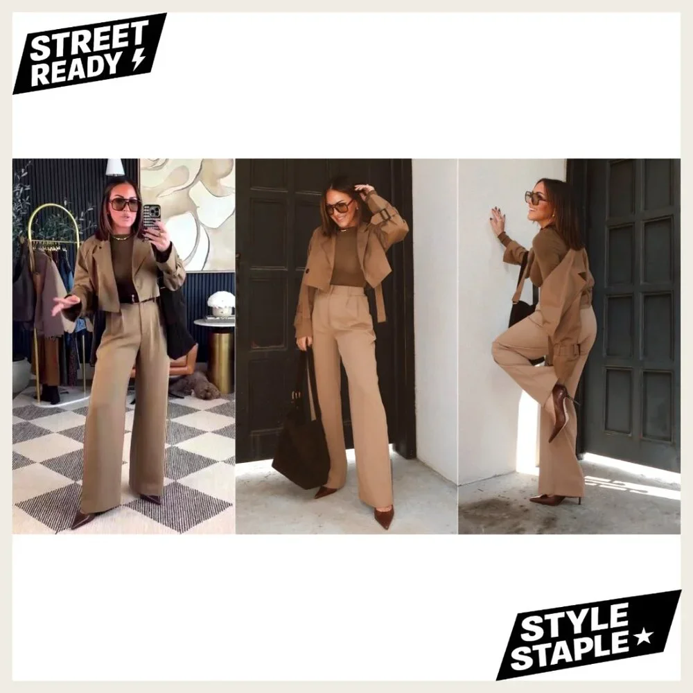 Cropped Trench Coat with Belt, Double Breasted Casual Jacket, Polyester - Picture 7 of 7